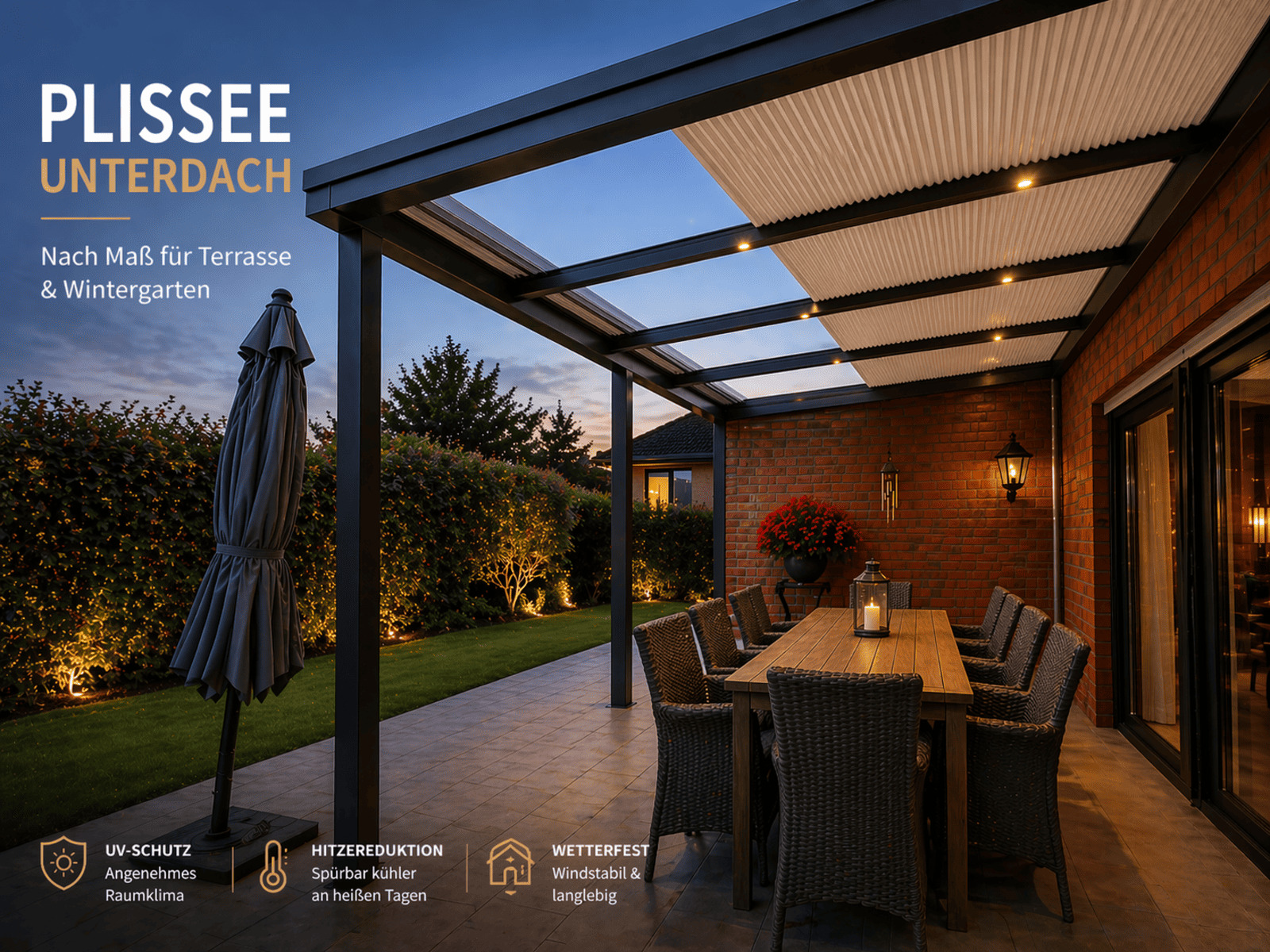 Unterdach Plissee als Sonnenschutz für Terrassenüberdachungen und Wintergärten