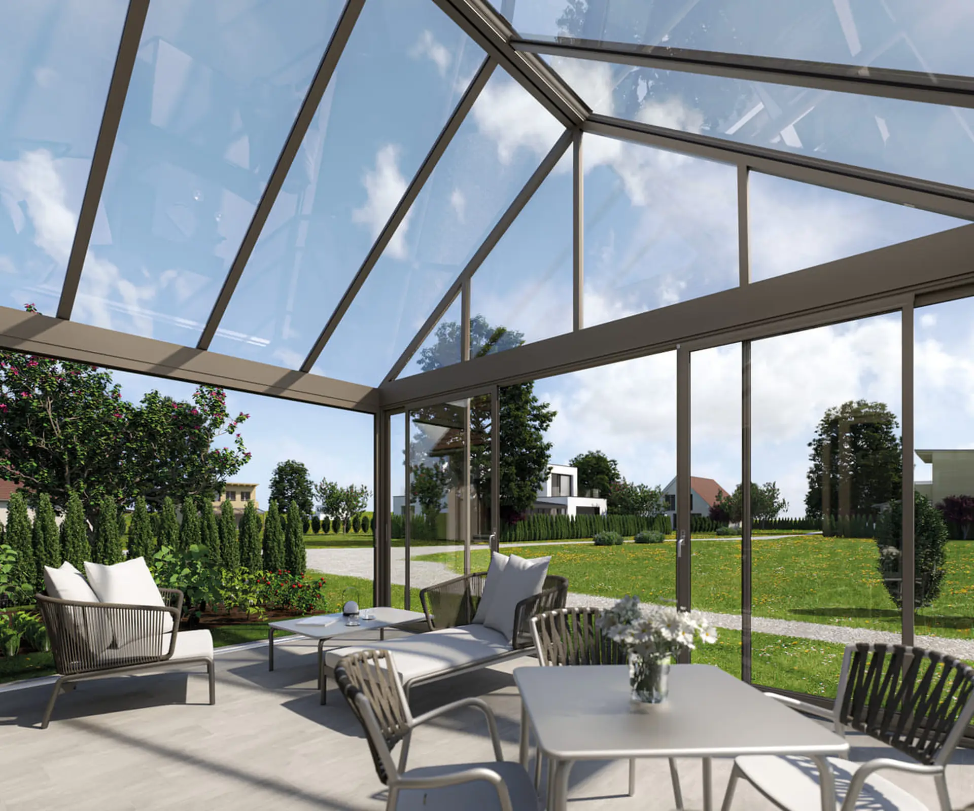 Terrassendach Sunparadise Prime &ndash; Wohnwintergarten mit Glasdach und Gartenblick von Eco-Wintergarten